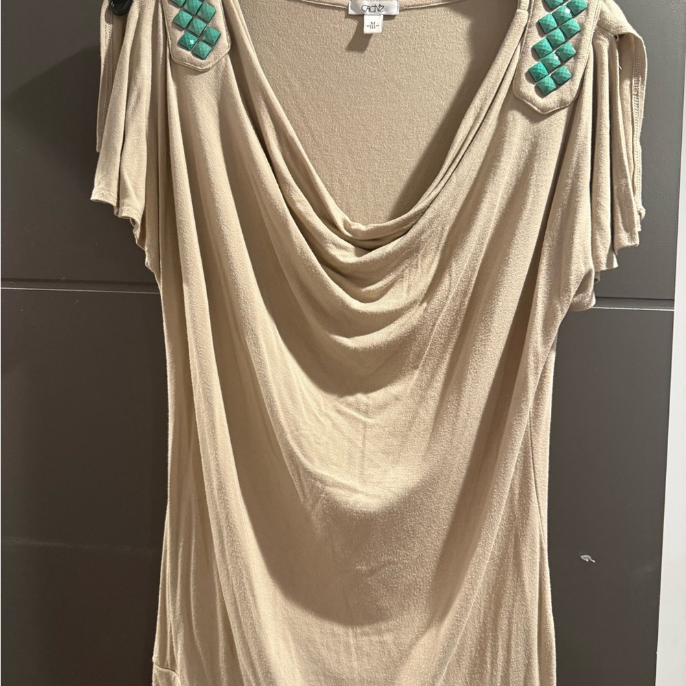 Cache Beige Top with Teal Shoulder Details